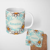 Personalized Custom Name Cute Kawaii Daisy Flowers Neutral Beige Seamless Pattern Name 11oz Ceramic Coffee Tea Mug White Large Handle