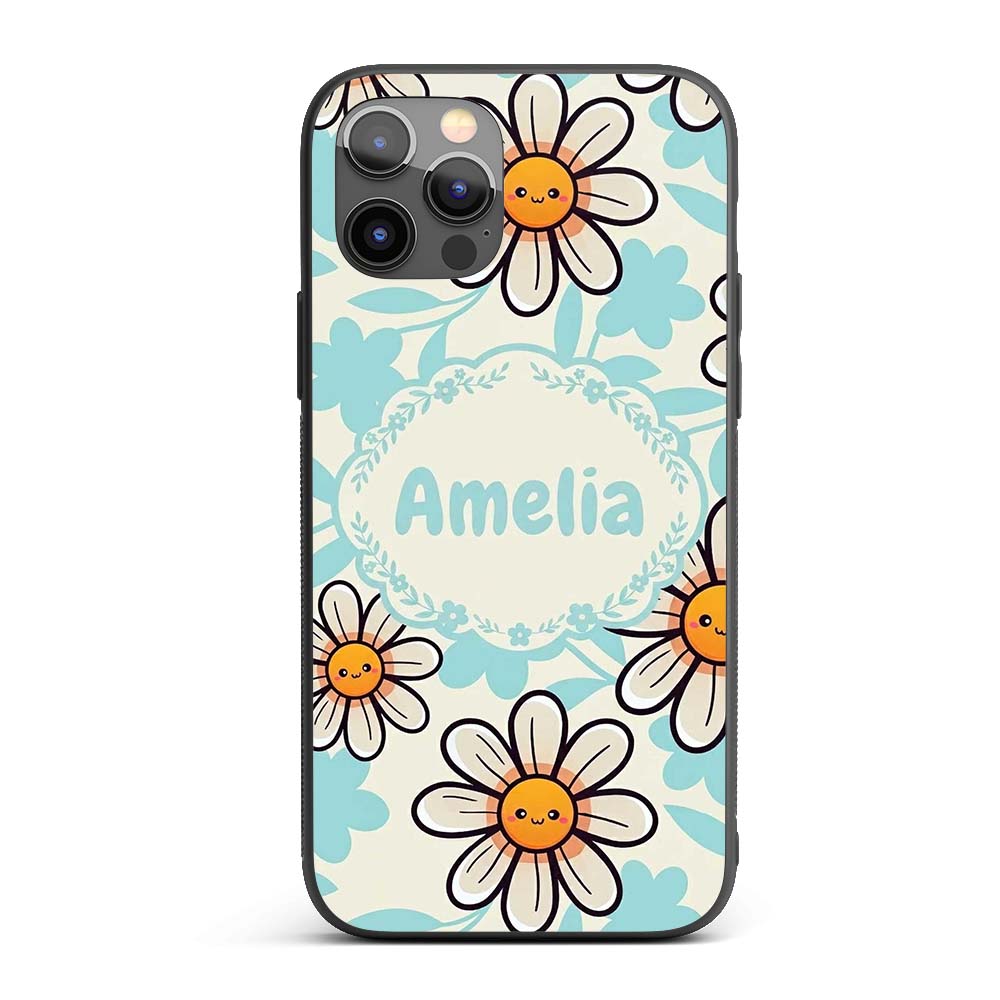 Cute Kawaii Daisy Flowers Neutral Beige Seamless Custom Name Protective Phone Case Mobile Cover Durable Everyday Smartphone Shock Resistant