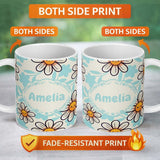 Personalized Custom Name Cute Kawaii Daisy Flowers Neutral Beige Seamless Pattern Name 11oz Ceramic Coffee Tea Mug White Large Handle