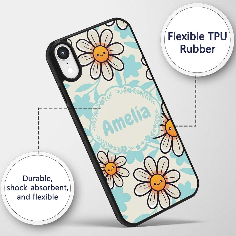 Cute Kawaii Daisy Flowers Neutral Beige Seamless Custom Name Protective Phone Case Mobile Cover Durable Everyday Smartphone Shock Resistant