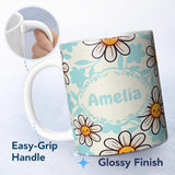 Personalized Custom Name Cute Kawaii Daisy Flowers Neutral Beige Seamless Pattern Name 11oz Ceramic Coffee Tea Mug White Large Handle