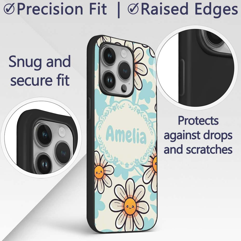 Cute Kawaii Daisy Flowers Neutral Beige Seamless Custom Name Protective Phone Case Mobile Cover Durable Everyday Smartphone Shock Resistant