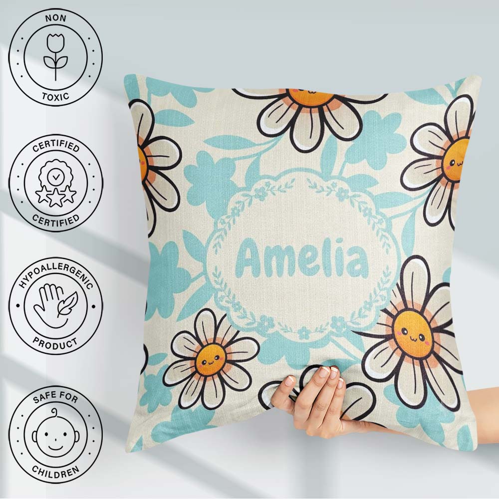 Custom Name Cute Kawaii Daisy Flowers Neutral Beige Pattern Name Square Filled Cushion Throw Pillow Sofa Bed Home Decor Zip Washable UK Made