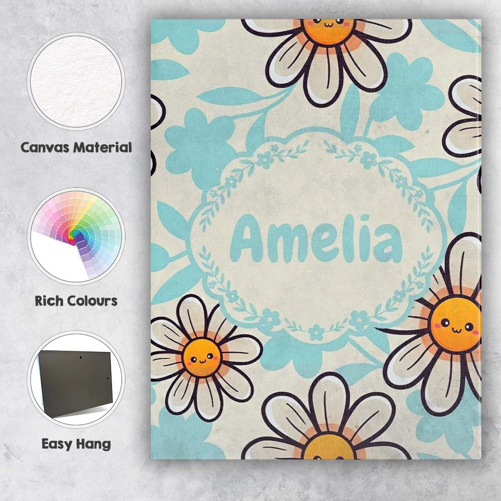 Personalised Name Cute Kawaii Daisy Flowers Custom  Bespoke Interior Contemporary Canvas Wall Art Print Decor Picture Ready to Hang