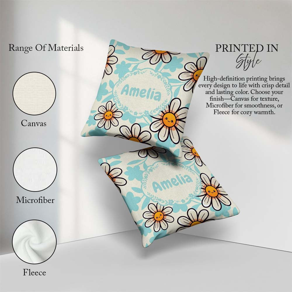 Custom Name Cute Kawaii Daisy Flowers Neutral Beige Pattern Name Square Filled Cushion Throw Pillow Sofa Bed Home Decor Zip Washable UK Made