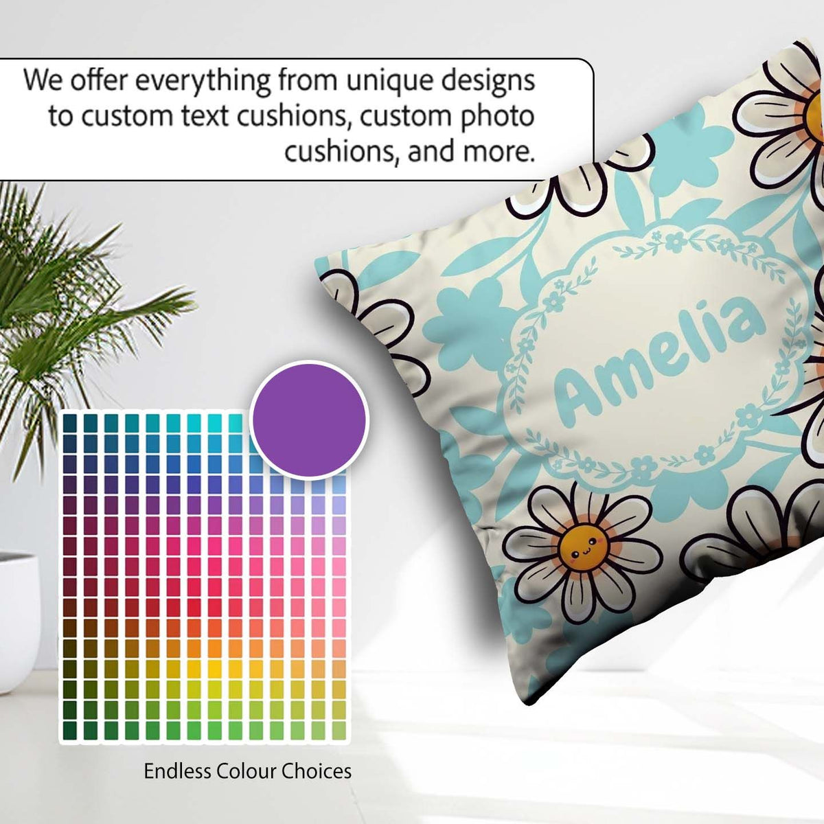 Custom Name Cute Kawaii Daisy Flowers Neutral Beige Pattern Name Square Filled Cushion Throw Pillow Sofa Bed Home Decor Zip Washable UK Made