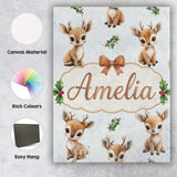 Personalised Name Cute Baby Reindeer Holly Christmas Seamless Custom Contemporary Display Canvas Wall Art Print Decor Picture Ready to Hang