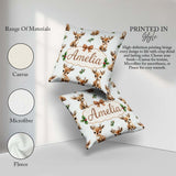 Custom Name Cute Baby Reindeer Holly Christmas Seamless Pattern Square Filled Cushion Throw Pillow Sofa Bed Home Decor Zip Washable UK Made