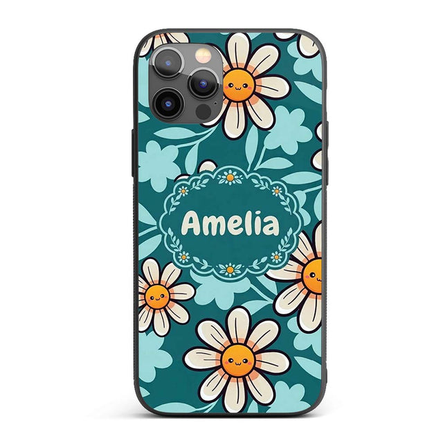 Cute Kawaii Daisy Flowers Dark Teal Seamless Custom Name Protective Phone Case Mobile Cover Durable Everyday Smartphone Shock Resistant