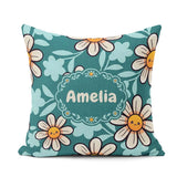 Custom Name Kawaii Daisy Flowers Dark Teal Seamless Pattern Name Square Filled Cushion Throw Pillow Sofa Bed Home Decor Zip Washable UK Made