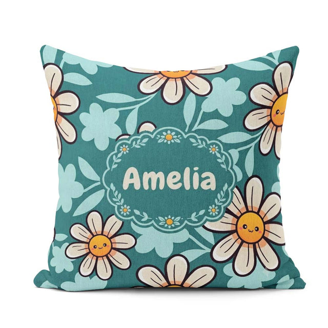 Custom Name Kawaii Daisy Flowers Dark Teal Seamless Pattern Name Square Filled Cushion Throw Pillow Sofa Bed Home Decor Zip Washable UK Made
