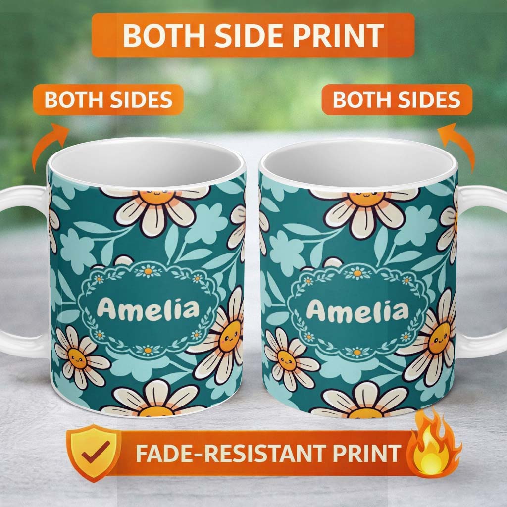 Personalized Custom Name Cute Kawaii Daisy Flowers Dark Teal Seamless Pattern Name Unique 11oz Ceramic Coffee Tea Mug White Large Handle