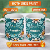 Personalized Custom Name Cute Kawaii Daisy Flowers Dark Teal Seamless Pattern Name Unique 11oz Ceramic Coffee Tea Mug White Large Handle