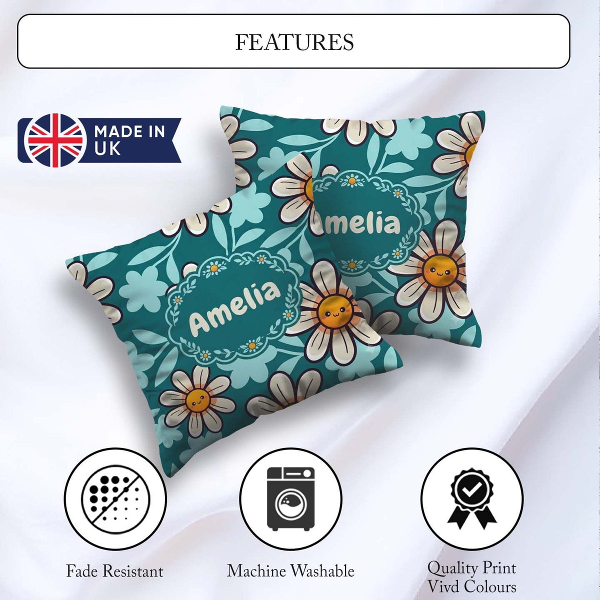 Custom Name Kawaii Daisy Flowers Dark Teal Seamless Pattern Name Square Filled Cushion Throw Pillow Sofa Bed Home Decor Zip Washable UK Made