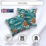 Custom Name Kawaii Daisy Flowers Dark Teal Seamless Pattern Name Square Filled Cushion Throw Pillow Sofa Bed Home Decor Zip Washable UK Made