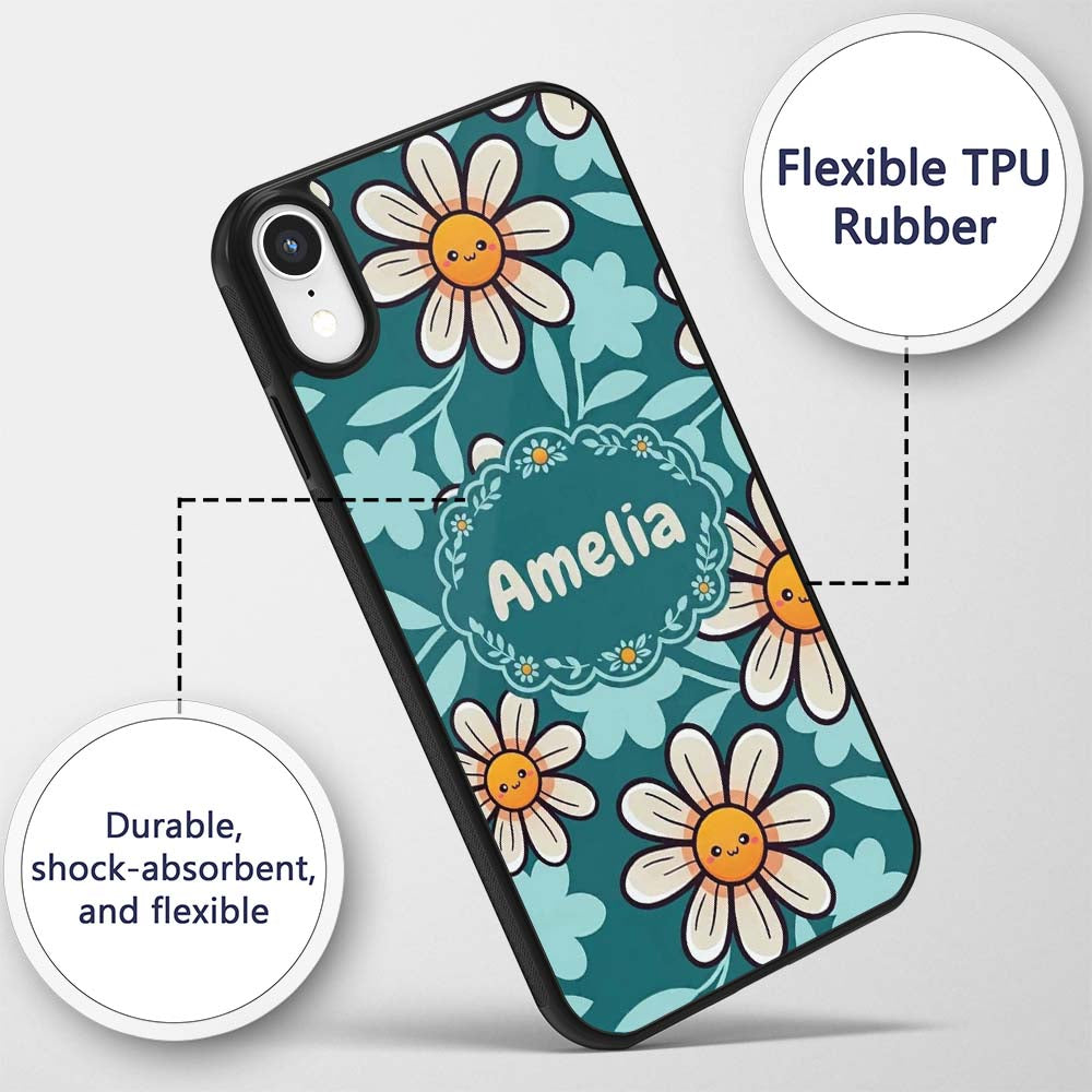 Cute Kawaii Daisy Flowers Dark Teal Seamless Custom Name Protective Phone Case Mobile Cover Durable Everyday Smartphone Shock Resistant