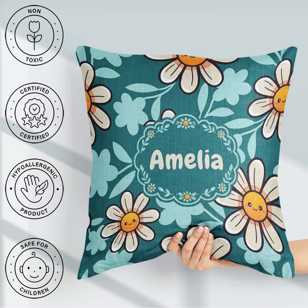 Custom Name Kawaii Daisy Flowers Dark Teal Seamless Pattern Name Square Filled Cushion Throw Pillow Sofa Bed Home Decor Zip Washable UK Made