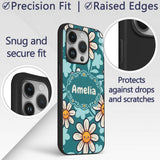 Cute Kawaii Daisy Flowers Dark Teal Seamless Custom Name Protective Phone Case Mobile Cover Durable Everyday Smartphone Shock Resistant