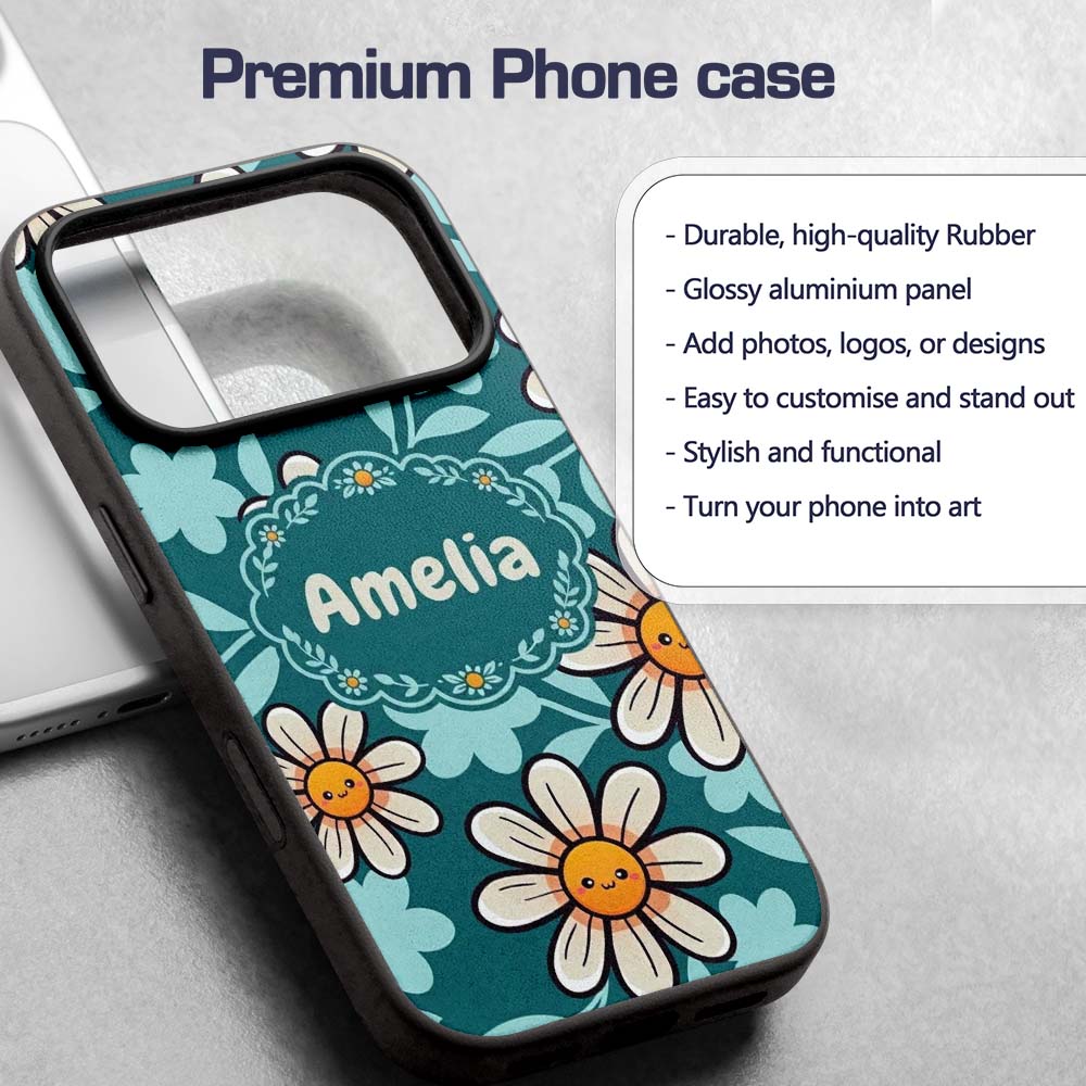 Cute Kawaii Daisy Flowers Dark Teal Seamless Custom Name Protective Phone Case Mobile Cover Durable Everyday Smartphone Shock Resistant