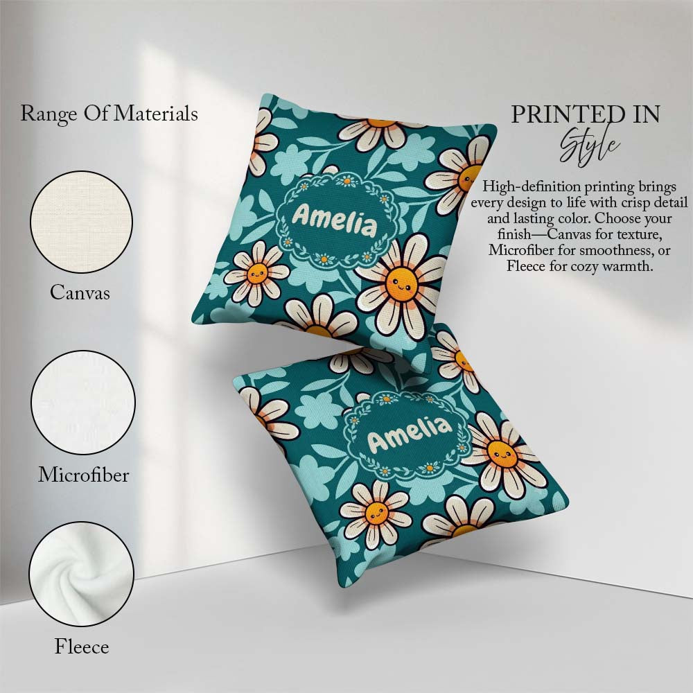 Custom Name Kawaii Daisy Flowers Dark Teal Seamless Pattern Name Square Filled Cushion Throw Pillow Sofa Bed Home Decor Zip Washable UK Made