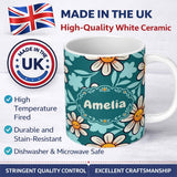 Personalized Custom Name Cute Kawaii Daisy Flowers Dark Teal Seamless Pattern Name Unique 11oz Ceramic Coffee Tea Mug White Large Handle