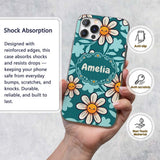 Cute Kawaii Daisy Flowers Dark Teal Seamless Custom Name Protective Phone Case Mobile Cover Durable Everyday Smartphone Shock Resistant