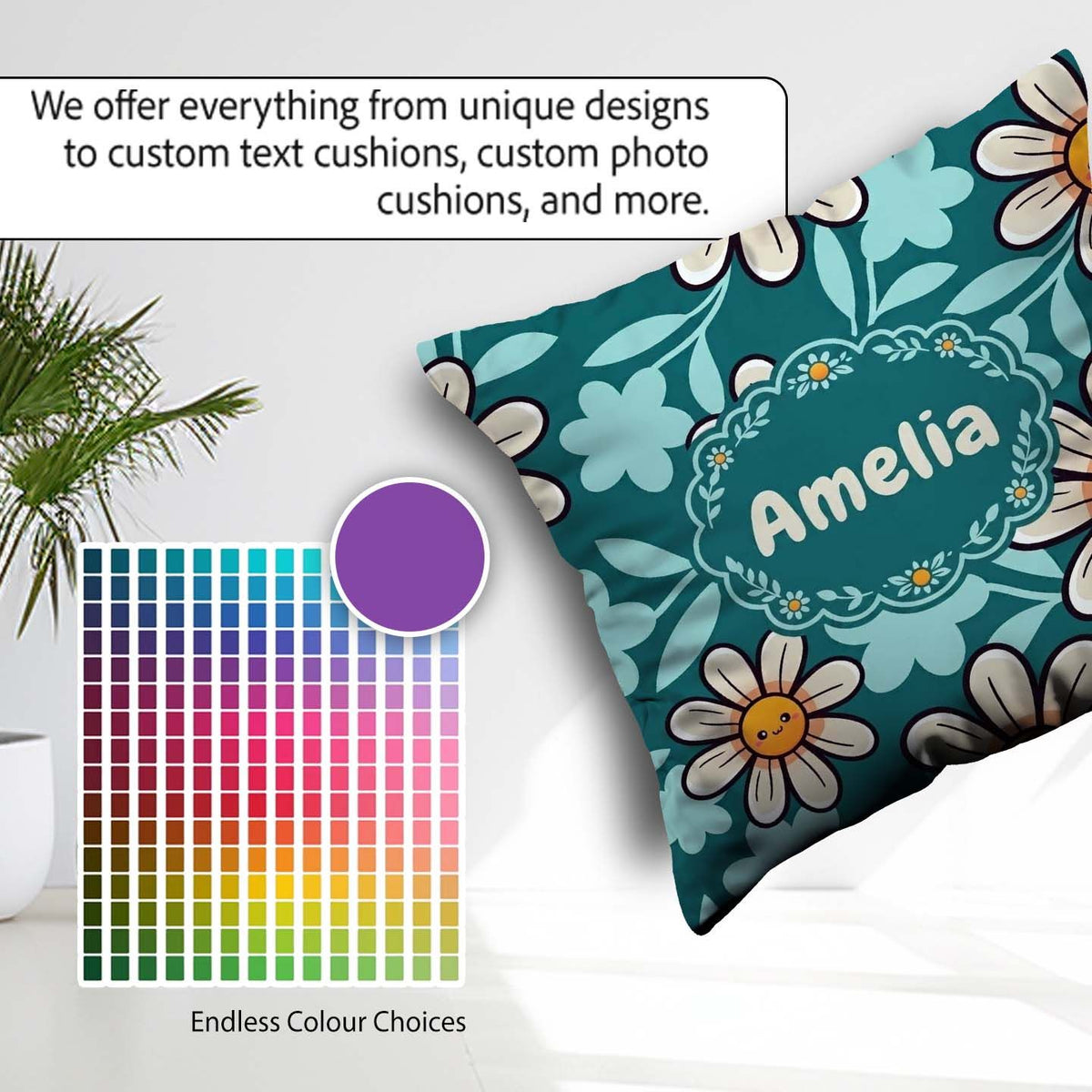 Custom Name Kawaii Daisy Flowers Dark Teal Seamless Pattern Name Square Filled Cushion Throw Pillow Sofa Bed Home Decor Zip Washable UK Made