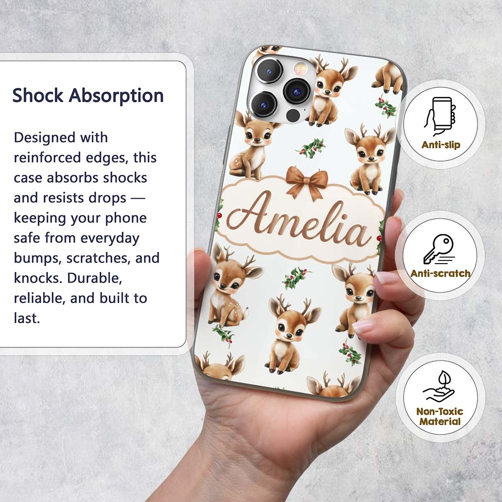 Cute Baby Reindeer Holly Christmas Printed Design Custom Name Protective Phone Case Mobile Cover Durable Everyday Smartphone Shock Resistant