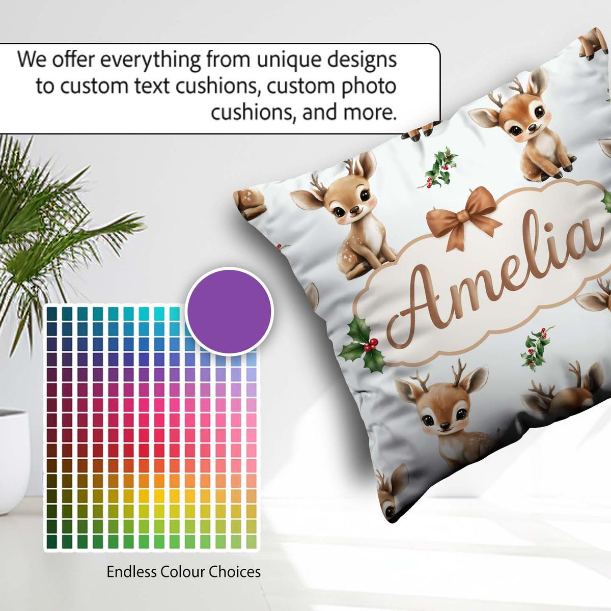 Custom Name Cute Baby Reindeer Holly Christmas Seamless Pattern Square Filled Cushion Throw Pillow Sofa Bed Home Decor Zip Washable UK Made