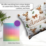 Custom Name Cute Baby Reindeer Holly Christmas Seamless Pattern Square Filled Cushion Throw Pillow Sofa Bed Home Decor Zip Washable UK Made