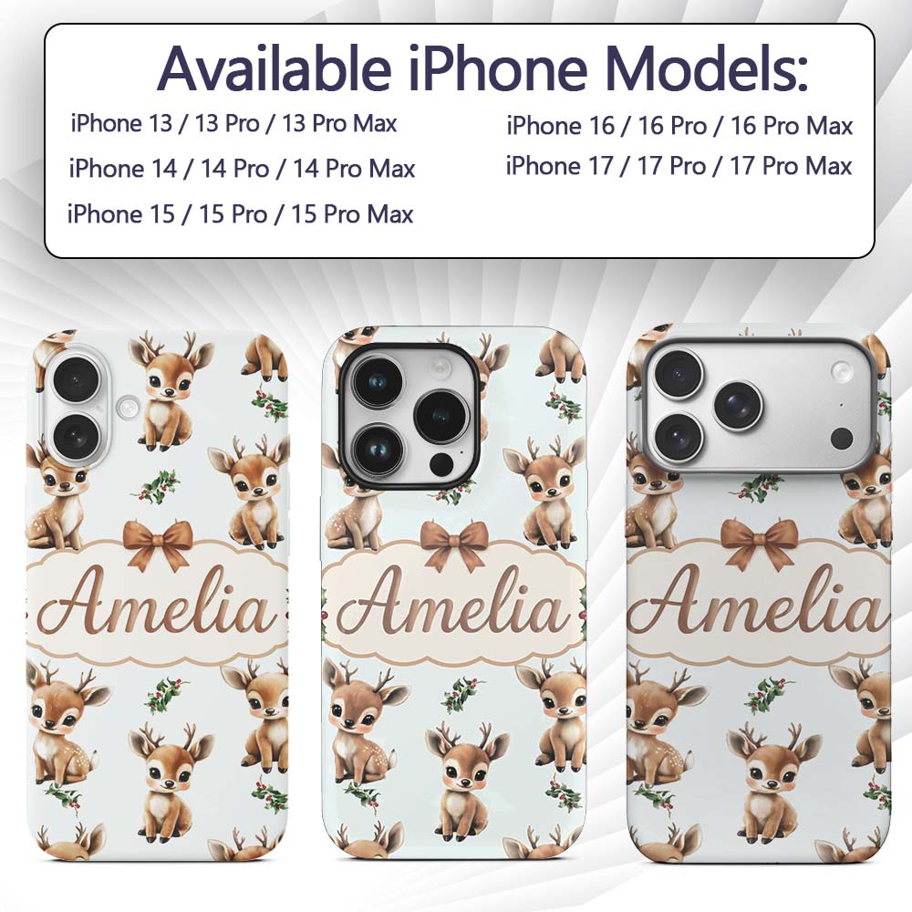 Cute Baby Reindeer Holly Christmas Printed Design Custom Name Protective Phone Case Mobile Cover Durable Everyday Smartphone Shock Resistant