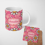 Personalized Custom Name Cute Kawaii Daisy Flowers Pink Background Seamless Pattern Name 11oz Ceramic Coffee Tea Mug White Large Handle