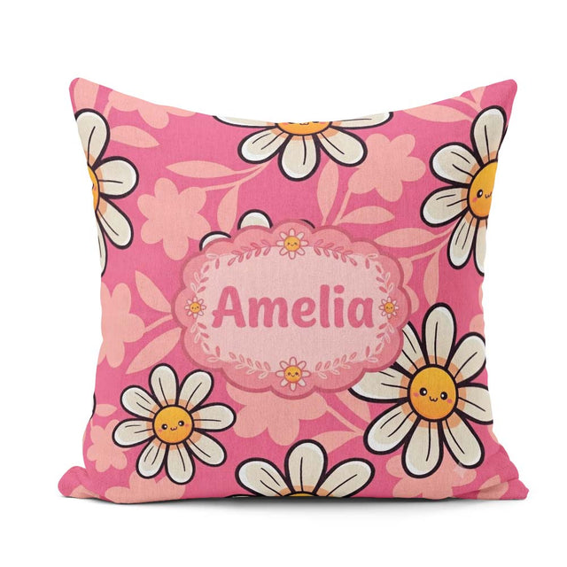 Custom Name Cute Kawaii Daisy Flowers Pink Seamless Pattern Name Square Filled Cushion Throw Pillow Sofa Bed Home Decor Zip Washable UK Made