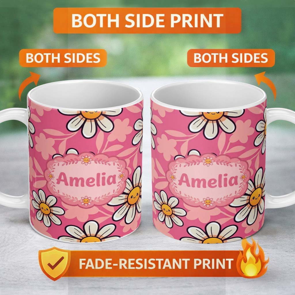 Personalized Custom Name Cute Kawaii Daisy Flowers Pink Background Seamless Pattern Name 11oz Ceramic Coffee Tea Mug White Large Handle