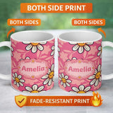 Personalized Custom Name Cute Kawaii Daisy Flowers Pink Background Seamless Pattern Name 11oz Ceramic Coffee Tea Mug White Large Handle