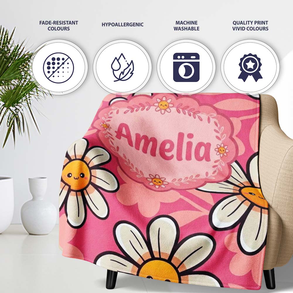 Cute Kawaii Daisy Flowers Pink Background Seamless Pattern Name  Personalised Custom Name Super Soft Fleece Blanket Bed Sofa Throw
