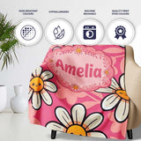 Cute Kawaii Daisy Flowers Pink Background Seamless Pattern Name  Personalised Custom Name Super Soft Fleece Blanket Bed Sofa Throw