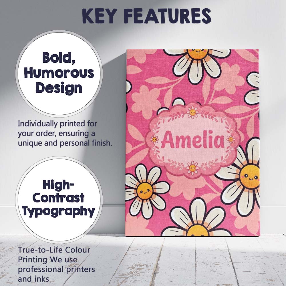 Personalised Name Cute Kawaii Daisy Flowers Custom  Bespoke Interior Contemporary Canvas Wall Art Print Decor Picture Ready to Hang