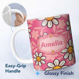 Personalized Custom Name Cute Kawaii Daisy Flowers Pink Background Seamless Pattern Name 11oz Ceramic Coffee Tea Mug White Large Handle