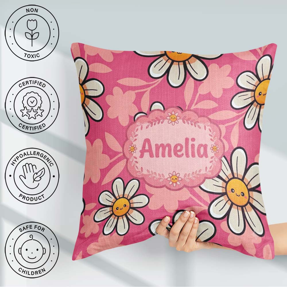 Custom Name Cute Kawaii Daisy Flowers Pink Seamless Pattern Name Square Filled Cushion Throw Pillow Sofa Bed Home Decor Zip Washable UK Made