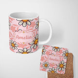 Personalized Custom Name Cute Kawaii Daisy Flowers Soft Pink Seamless Pattern Name Unique 11oz Ceramic Coffee Tea Mug White Large Handle