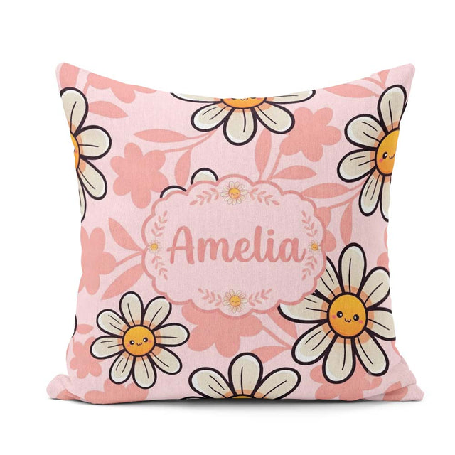 Custom Name Kawaii Daisy Flowers Soft Pink Seamless Pattern Name Square Filled Cushion Throw Pillow Sofa Bed Home Decor Zip Washable UK Made