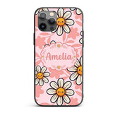 Cute Kawaii Daisy Flowers Soft Pink Seamless Custom Name Protective Phone Case Mobile Cover Durable Everyday Smartphone Shock Resistant