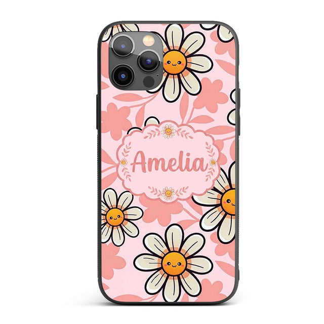 Cute Kawaii Daisy Flowers Soft Pink Seamless Custom Name Protective Phone Case Mobile Cover Durable Everyday Smartphone Shock Resistant