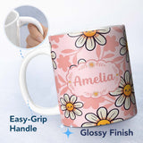 Personalized Custom Name Cute Kawaii Daisy Flowers Soft Pink Seamless Pattern Name Unique 11oz Ceramic Coffee Tea Mug White Large Handle