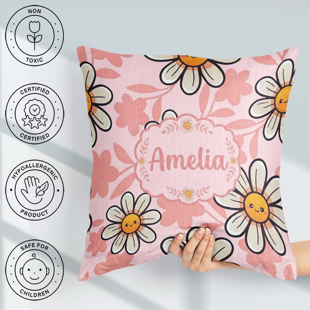 Custom Name Kawaii Daisy Flowers Soft Pink Seamless Pattern Name Square Filled Cushion Throw Pillow Sofa Bed Home Decor Zip Washable UK Made