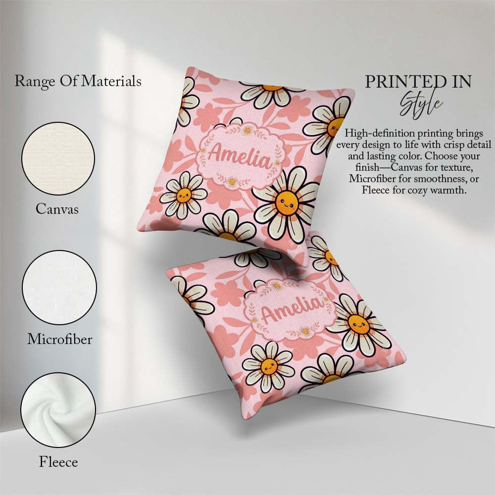 Custom Name Kawaii Daisy Flowers Soft Pink Seamless Pattern Name Square Filled Cushion Throw Pillow Sofa Bed Home Decor Zip Washable UK Made