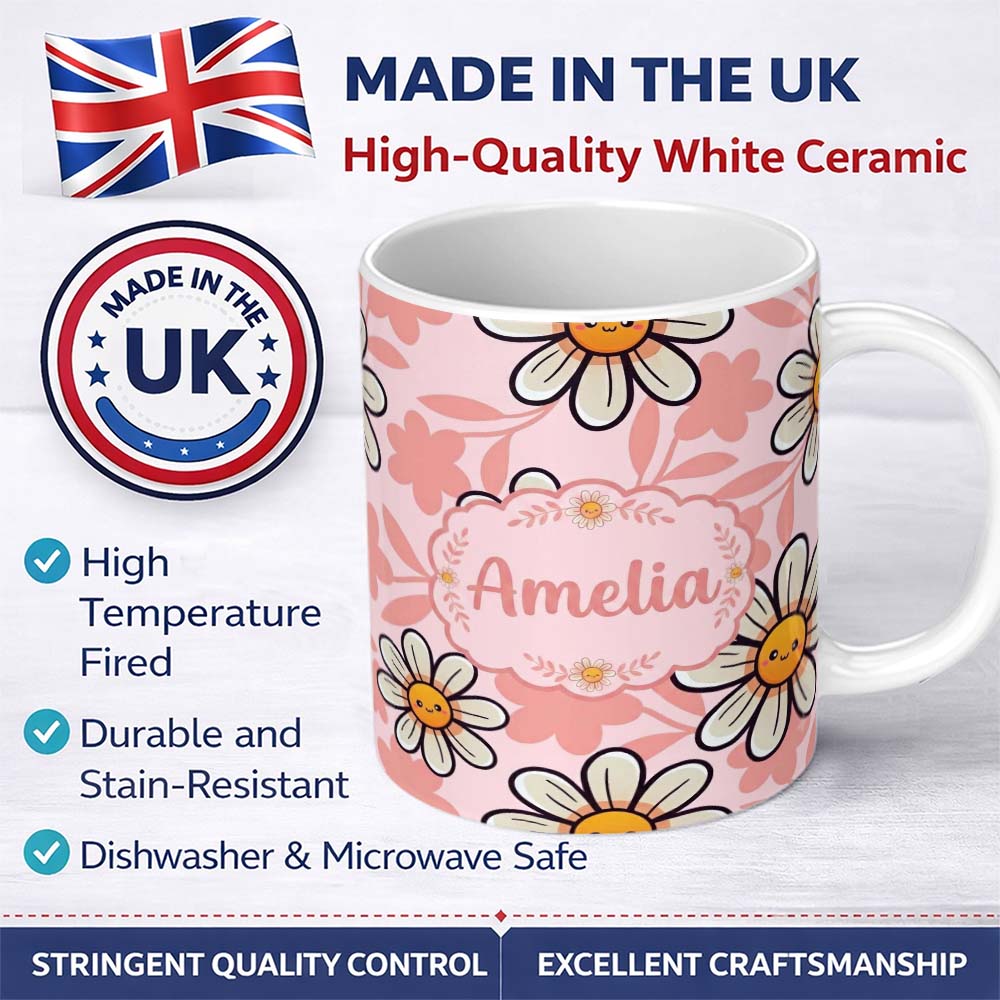 Personalized Custom Name Cute Kawaii Daisy Flowers Soft Pink Seamless Pattern Name Unique 11oz Ceramic Coffee Tea Mug White Large Handle