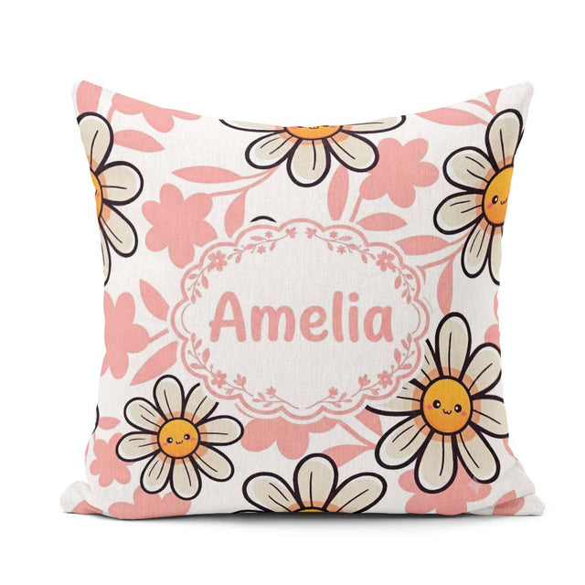 Custom Name Kawaii Daisy Flowers Soft Pink Seamless Pattern Name Square Filled Cushion Throw Pillow Sofa Bed Home Decor Zip Washable UK Made