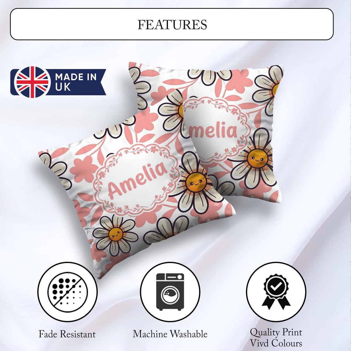 Custom Name Kawaii Daisy Flowers Soft Pink Seamless Pattern Name Square Filled Cushion Throw Pillow Sofa Bed Home Decor Zip Washable UK Made